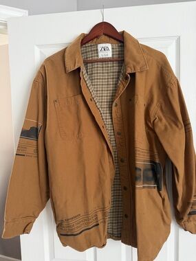 ZARA Tan Brown Utility Shirt Jacket with Plaid Lining